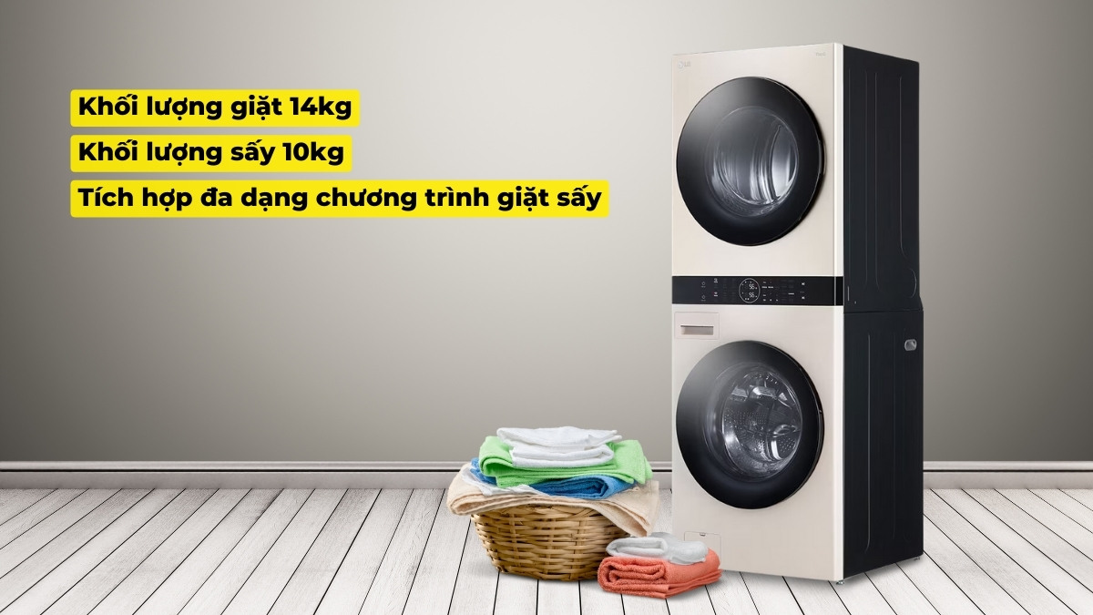 Máy giặt LG có khả năng làm sạch và sấy khô lượng lớn quần áo, phù hợp với gia đình đông thành viên