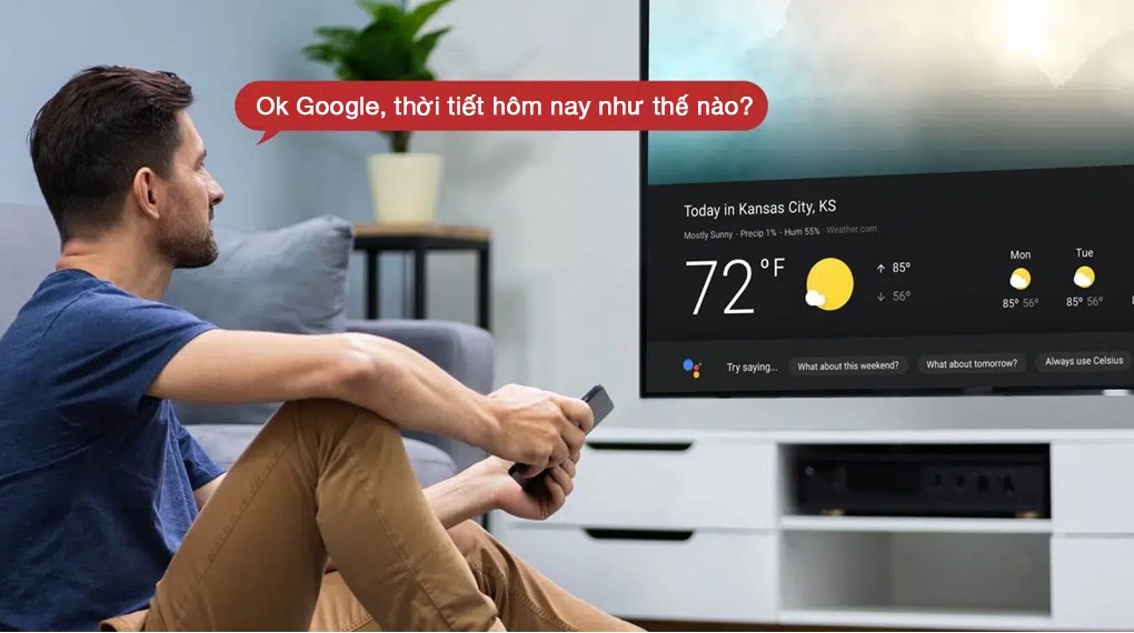 Tivi Google QLED TCL 98C69B 98 inch 4K chính hãng cho phép tìm kiếm bằng giọng nói nhờ micro tích hợp trên tivi và hỗ trợ trợ lý ảo Google Assistant với tiếng Việt