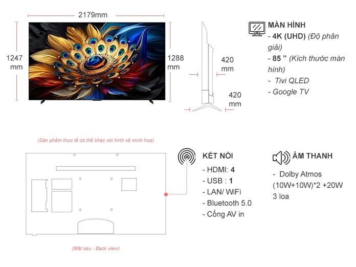 Google Tivi QLED TCL 4K 98 inch 98C655 thông số kỹ thuật