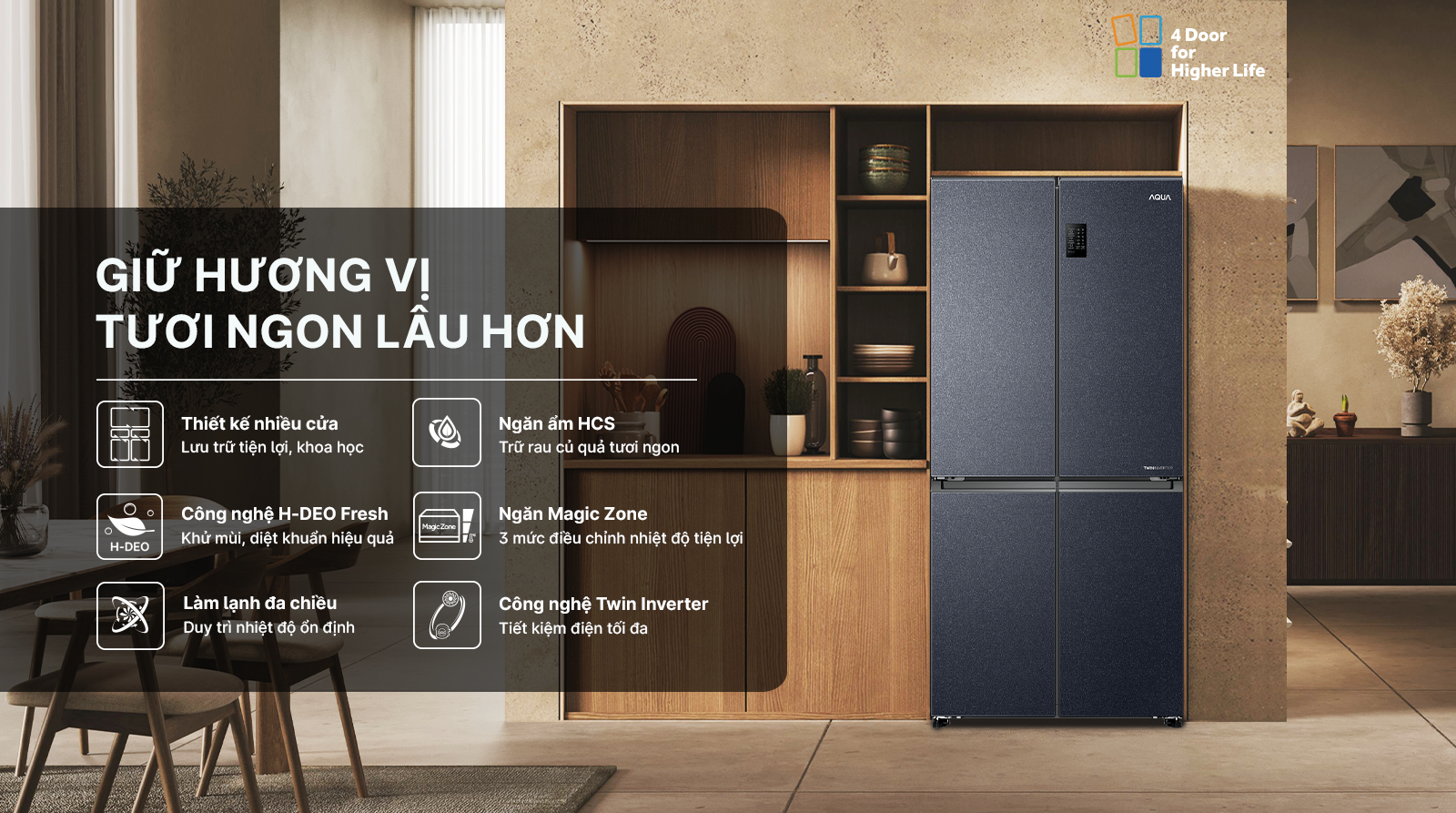 Tủ lạnh Aqua với thiết kế Multi Door – 4 cánh hiện đại điểm nhấn hoàn hảo cho không gian phòng bếp của gia đình