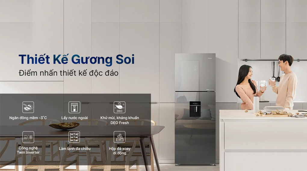 Tủ lạnh Aqua Inverter 347 lít AQR-T390FA(WGM) - Mặt gương soi sáng bóng, thời thượng và sở hữu dung tích 347 lít phù hợp gia đình từ 3 - 4 người